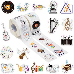 OSINE Music Vinyl Roll Sticker - 1000Pcs with 16 Cute Patterns Musical Note Guitar Motivational Self-Adhesive Decals for Teacher Reward Party Favor Windows Water Bottle Scrapbooking Journaling Laptop