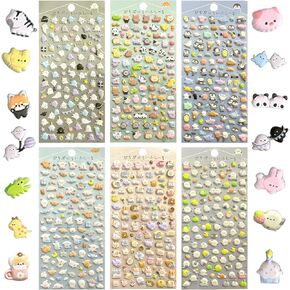 600＋Cute Mini Puffy Stickers, Suitable for Children and Adults Mini Stickers, Children's 3D Tiny Stickers, 3D Stickers Including Animals, Cats, Penguins, Fruits, Bread, Etc, 6 Sheets ﻿