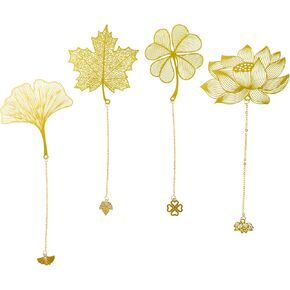 SAVITA 4 Pcs Metal Bookmarks with Chain, Hollow Leaf Bookmark with Lotus Ginkgo Maple Four-Leaf Clover Patterns, Flower Bookmarks for Book Lovers (Golden,4 Styles)
