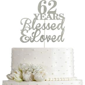 JIEEIN 62 Years Blessed & Loved Cake Topper for 62nd Birthday, Wedding Anniversary Party Decorations - Double Sided Silver Glitter