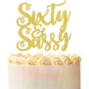 غلاف كعكة Sixty & Sassy، 60 وديكور Sassy، لوازم تزيين حفلات عيد الميلاد السعيدة بالذكرى الستين السعيدة باللون الذهبي.