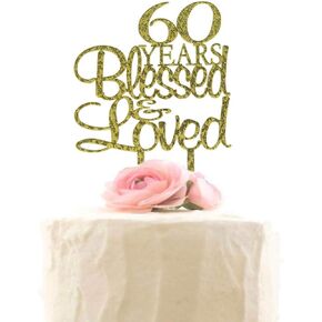 55 Years Blessed & Loved Cake Topper, 55th Birthday Wedding Anniversary Party Decorations (Gold Glitter)
