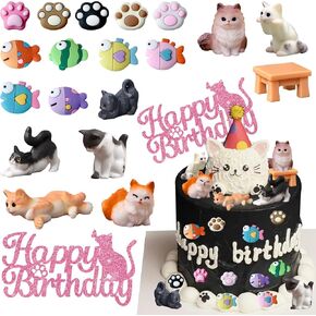 Cat Birthday Cake Topper - 20 Piece Set - Multi-Colored, Gray, Black
