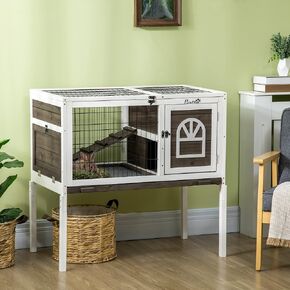 NicBex Rabbit Hutch Wooden Bunny Cage with Run and Fences Rabbit Cage with Removable Tray and Waterproof Roof, Small Animal House for Rabbits, Guinea Pigs, and Hamsters,69.2" W, White+Gray