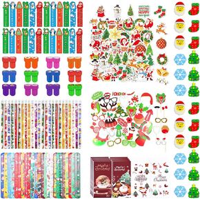 218pcs Christmas Stationery Party Favors Bulk Christmas Pencils Eraser Ruler Slap Bracelets Stamps Sticker Goodie Bag for Christmas Classroom Favors Gift Exchange Reward Prizes