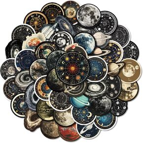 50Pcs Space Stickers Pack for Kids Teens Adults, Moon Astronomy Stickers for Water Bottle, Celestial Planet Stickers for Laptop Skateboard, Waterproof Galaxy Sticekrs for Scrapbook Luggage