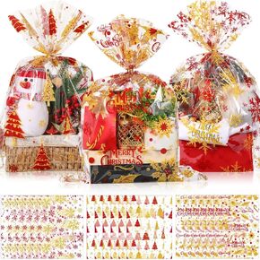 Cholemy 30 Pcs Christmas Gift Basket Bags 19.7" x 27.6" Red and Gold Large Cellophane Goodie Bags Merry Christmas Tree Snowflake Plastic Wrap Bags with Twist Ties for Xmas Crafts Holiday Party Favors