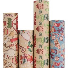 Aimyoo Kraft Christmas Wrapping Paper Bundle, Vintage Kids Xmas Gift Wrap Paper, Stockings Gloves Candy Canes Deers Snowman Designs, 17 in x 10 ft per Roll