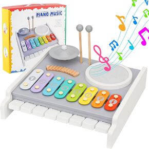 Kids Drum Set Musical Instruments - 5 in 1 Montessori Toys for Toddler Baby, Wooden Music Kit with Piano Keyboard Xylophone, Preschool Educational Sensory Toys Birthday Gifts for Boys Girls 1-3+