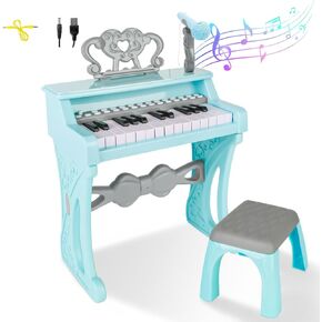 deAO Children's Piano for Girls, Children's Musical Piano Keyboard Toys, Electronic Piano Toy with Stool and Microphone, 25 Keys, 22 Songs, Pink