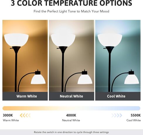 VONLUCE Torchiere Floor Lamp, 71" Standing Lamp with Adjustable Reading Lights & 2 Bulbs, 3 Color Temperatures Modern Tall Pole Lamp for Living Room Bedroom Corner, Black in Saudi Arabia