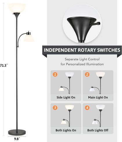 VONLUCE Torchiere Floor Lamp, 71" Standing Lamp with Adjustable Reading Lights & 2 Bulbs, 3 Color Temperatures Modern Tall Pole Lamp for Living Room Bedroom Corner, Black in Saudi Arabia