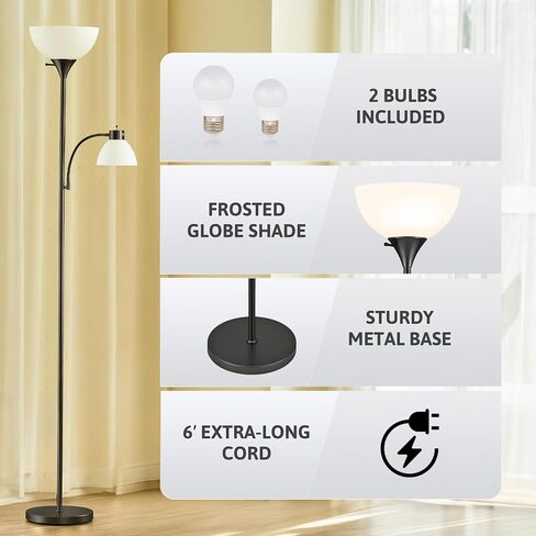 VONLUCE Torchiere Floor Lamp, 71" Standing Lamp with Adjustable Reading Lights & 2 Bulbs, 3 Color Temperatures Modern Tall Pole Lamp for Living Room Bedroom Corner, Black in Saudi Arabia