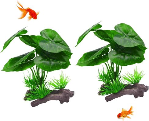 زينة شجرة اللبخ لحوض السمك الحريري، قطعتان من نبات الحرير الاصطناعي، أرجوحة وسادة أوراق البيتا، جلود سمكة ذهبية/نباتات الزواحف لعبة سمكة بيتا من خشب دريفت - A03 in Kuwait