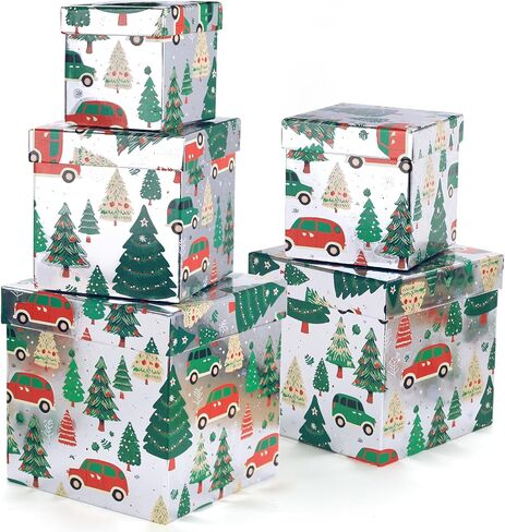 5PCS Christmas Nesting Gift Boxes Set, Silver Foil Mirrored Xmas Tree Car Square Cardboard Nested Box w/Lid, for Gift Wrapping New Year, Assorted Size in Saudi Arabia