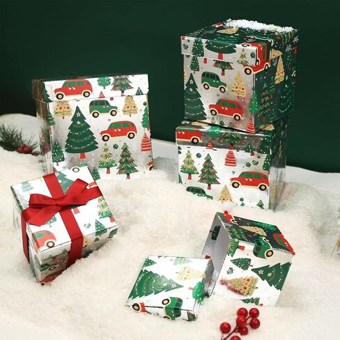 5PCS Christmas Nesting Gift Boxes Set, Silver Foil Mirrored Xmas Tree Car Square Cardboard Nested Box w/Lid, for Gift Wrapping New Year, Assorted Size in Saudi Arabia