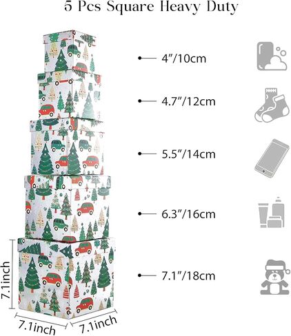 5PCS Christmas Nesting Gift Boxes Set, Silver Foil Mirrored Xmas Tree Car Square Cardboard Nested Box w/Lid, for Gift Wrapping New Year, Assorted Size in Saudi Arabia