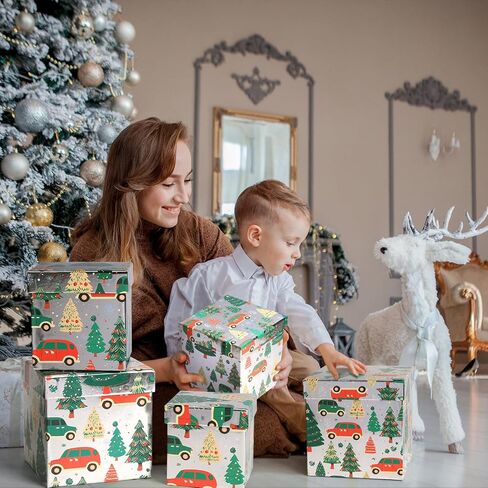5PCS Christmas Nesting Gift Boxes Set, Silver Foil Mirrored Xmas Tree Car Square Cardboard Nested Box w/Lid, for Gift Wrapping New Year, Assorted Size in Saudi Arabia