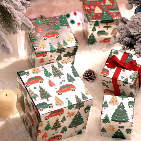 5PCS Christmas Nesting Gift Boxes Set, Silver Foil Mirrored Xmas Tree Car Square Cardboard Nested Box w/Lid, for Gift Wrapping New Year, Assorted Size in Saudi Arabia