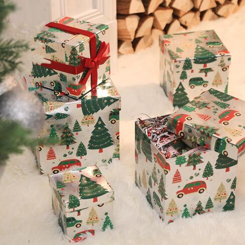 5PCS Christmas Nesting Gift Boxes Set, Silver Foil Mirrored Xmas Tree Car Square Cardboard Nested Box w/Lid, for Gift Wrapping New Year, Assorted Size in Saudi Arabia