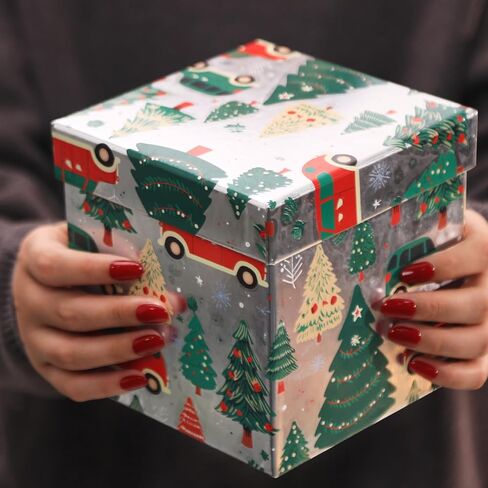 5PCS Christmas Nesting Gift Boxes Set, Silver Foil Mirrored Xmas Tree Car Square Cardboard Nested Box w/Lid, for Gift Wrapping New Year, Assorted Size in Saudi Arabia