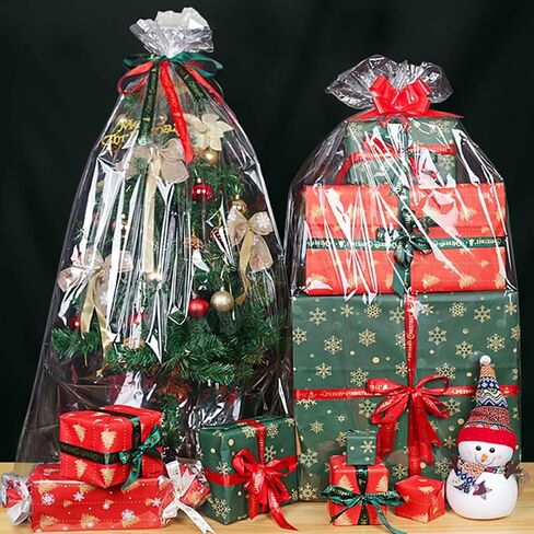 JOYIT 10 Pack Clear Cellophane Bags Large (35 in x 55 in) - 3 Mil Thicker Clear Cellophane Wrap for Gift Baskets, Opp Clear Plastic Gift Bags with Red Bows Ribbons in Saudi Arabia