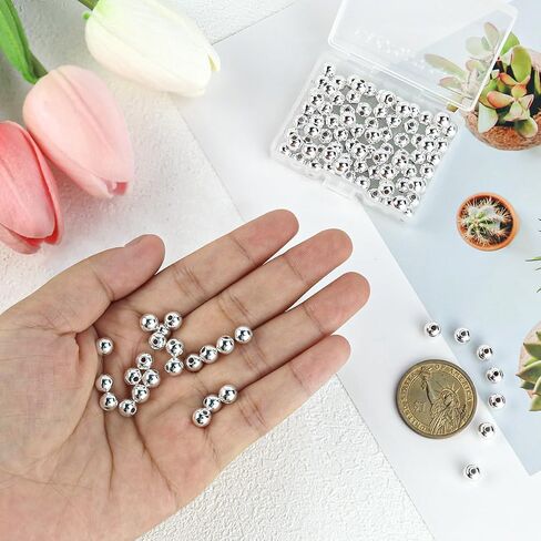 100 Pcs Silver Plated Brass Seamless Ball Beads Loose Beads Round Spacer Beads for DIY Bracelet Jewelry Craft Making (Silver 4 mm) in Saudi Arabia