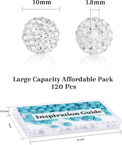 120 pcs 10mm White Rhinestone Beads Bulk, Shiny Round Rhinestone Beads for Jewelry Making, Sparkle Crystal Beads for Baseball Necklace, Disco Ball Beads, White Rhinestones for Crafting in Kuwait