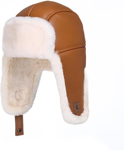 Leather Hats for Men Women Winter Warm Aviator Russianr Hat Shearling Sheepskin Hunting Hat in Kuwait