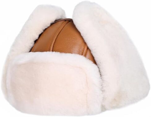 Leather Hats for Men Women Winter Warm Aviator Russianr Hat Shearling Sheepskin Hunting Hat in Kuwait