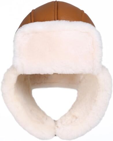 Leather Hats for Men Women Winter Warm Aviator Russianr Hat Shearling Sheepskin Hunting Hat in Kuwait