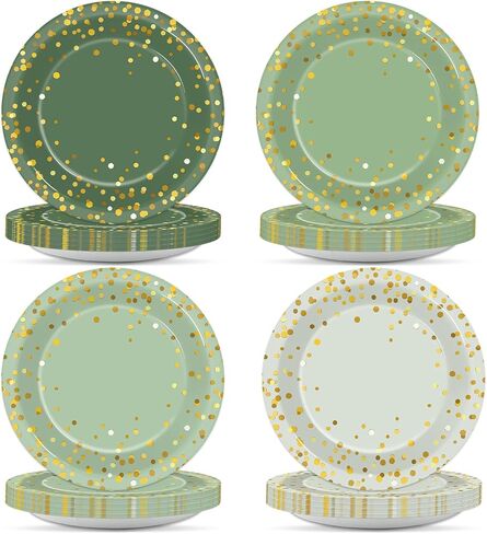 OBUSATT 100Pcs Sage Green Paper Plates Green and Gold Party Supplies Polka Dot Green Tableware Disposable 7 Inch Dinner Dessert Cake Plates for Bridal Baby Shower Wedding Birthday Party Decorations in Saudi Arabia