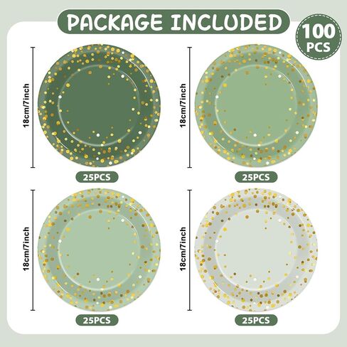 OBUSATT 100Pcs Sage Green Paper Plates Green and Gold Party Supplies Polka Dot Green Tableware Disposable 7 Inch Dinner Dessert Cake Plates for Bridal Baby Shower Wedding Birthday Party Decorations in Saudi Arabia