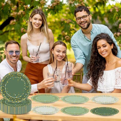 OBUSATT 100Pcs Sage Green Paper Plates Green and Gold Party Supplies Polka Dot Green Tableware Disposable 7 Inch Dinner Dessert Cake Plates for Bridal Baby Shower Wedding Birthday Party Decorations in Saudi Arabia