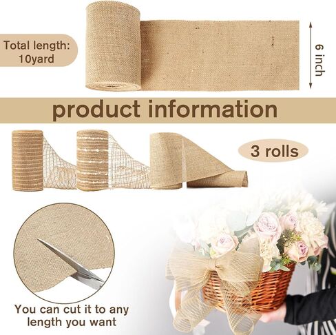 Yunlly 3 لفات عيد الميلاد الطبيعية الخيش شبكة الشريط 6 بوصة × 10 ياردة الجوت الخيش الشريط السلكية الشريط عيد الميلاد الشريط لإكليل المزرعة إكليل شجرة عيد الميلاد الديكور in Kuwait