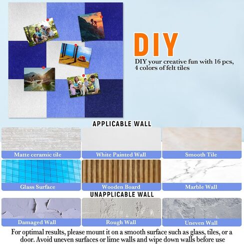 16 Pack Large Felt Cork Boards Bulletin Boards 12" x 12" Felt Wall Tiles Alternative Cork Tiles Safe Removable Felt Boards for Christmas Walls Office Gifts Pin Board Tack Board(Blue Series) in Saudi Arabia