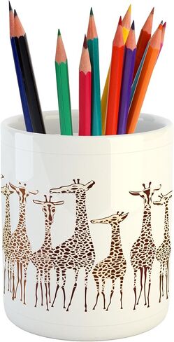 Lunarable Savannah Pencil Pen Holder, Tropical Giraffes Exotic Climates Wilderness Savannah Animals Illustration, Ceramic Pencil Holder for Desk Office Accessory, 3.6" X 3.2", Brown in Kuwait
