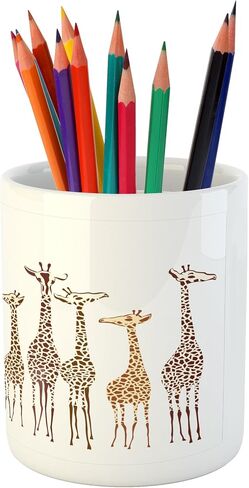 Lunarable Savannah Pencil Pen Holder, Tropical Giraffes Exotic Climates Wilderness Savannah Animals Illustration, Ceramic Pencil Holder for Desk Office Accessory, 3.6" X 3.2", Brown in Kuwait