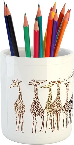 Lunarable Savannah Pencil Pen Holder, Tropical Giraffes Exotic Climates Wilderness Savannah Animals Illustration, Ceramic Pencil Holder for Desk Office Accessory, 3.6" X 3.2", Brown in Kuwait