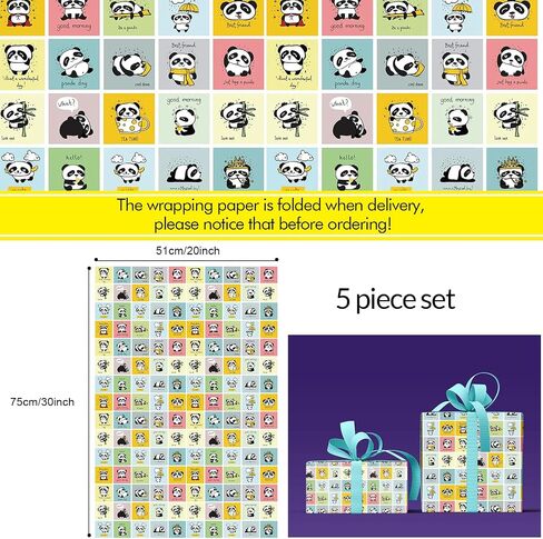 LJGYYDS 5 Sheets Panda Gift Wrapping Paper 20" x 30" - Folded Gift Wrapping Paper Present - Birthday Kraft Paper for Kids Birthday, Party DIY Crafts Gift Wrapping (IllustrationStyle) in Saudi Arabia