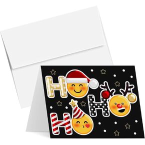 Ho Ho Holiday Greeting Cards & Envelopes Funny and Cute Emoji Black Fold Over for Christmas and New Year 4.25 x 5.5" | 25 Cards & 25 Envelopes