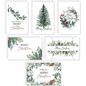 AnyDesign 6 Designs Christmas Greeting Cards Assortment with Envelopes and Stickers 48 Pack Watercolor Christmas Tree Note Card Merry Christmas Holiday Cards for Xmas Party Favor Supplies, 4 x 6inch