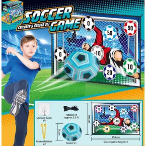 Children’s Soccer Set Fun Game Perfect for Indoor or Outdoor Play 8+pcs/Set. 6" Adhesive Soccer Ball, Stakes and Sticking Hooks and Target 60"x40" (Blue)
