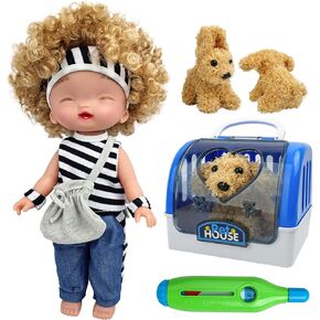 12 Inch Baby Doll &Teddy Pet Dog Cage Playset, Baby Doll with Hair and Pretend Toy Animal for Kids Toddlers - Included Doll and Accessories