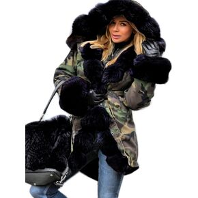 Aofur Plus Size Women's Long Hooded Parka Coat Warm Denim Winter Overcoat Faux Fur Collar Qulited Jacket