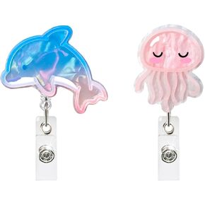 2 PCS Badge Reels Retractable Badge Holder Clip, Ocean Series Jellyfish and Dolphins Nurse Name Badge Reel Retractable 360°Rotation ID Name Tag Card Badge Holder for Nurses Doctor