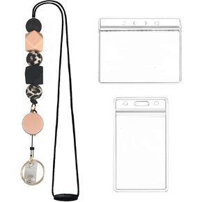 Retractable Lanyards for ID Badges and Keys,Durable Silicone Beaded Lanyard Cute Breakaway Teacher Lanyard with Badge Holders and Reels,Fashion Badge Lanyards with 2 Waterproof Card Holders (Style C)