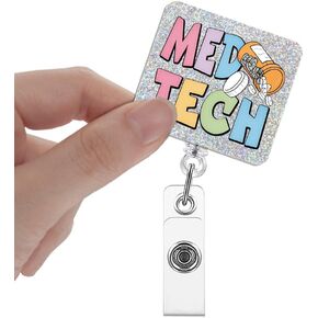 Med Tech Badge Reels Retractable Glitter with Clip, Funny Badge Holder Gift for Nurse Medical Technician Pharmacy Tech Laboratory Specialist Nursing Assistant Healthcare, Medical Tech Gift