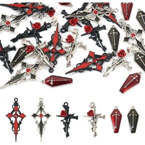 24Pcs Enamel Gothic Cross Charms Red Black Alloy Halloween Crucifix Charms Punk Small Cross Pendants for Crafts DIY Earring Jewelry Making Supplies