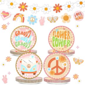 42 Pcs Groovy Party Supplies 7" Retro Hippie Boho Paper Plates Bundle & Groovy Hippie Themed Banner for 60s 70s Party Decorations Pastel Party Plates and Banner for Birthday Baby Shower Wedding Favors
